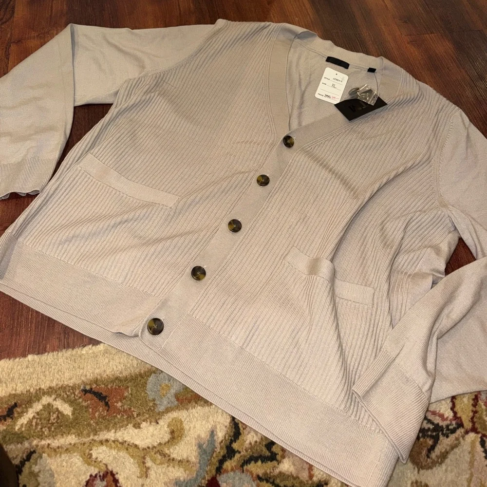 NEW ATM Men's ribbed front buttons Merino wool cardigan in Beige - Size XL